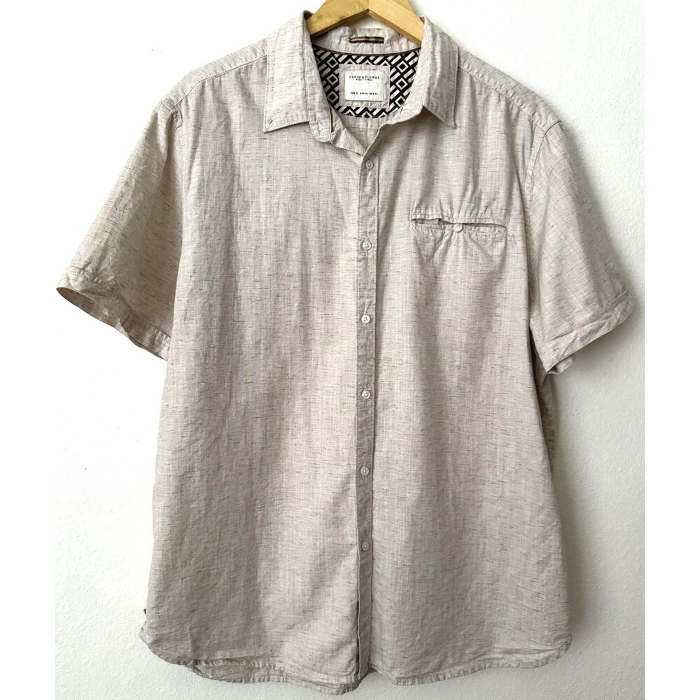 Linen-Look Beige Shirt Lyocell Cotton Blend Short Sleeve Ricky Singh Mens XL EUC